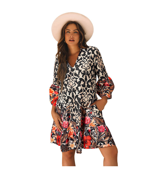 European And American Retro Flower Printed V-neck Dress Women